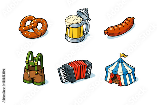 Oktoberfest celebration icons: pretzel, beer, sausage, lederhosen, accordion, tent