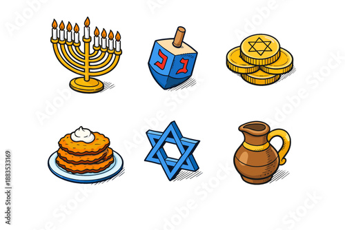 Hanukkah symbols: menorah, dreidel, and star of david in colorful design