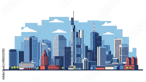 Vector illustration of Frankfurt cityscape presenting a financial German skyline with generic skyscrapers, business towers, and modern city energy in flat solid colors for corporate and travel design