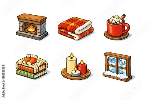 Cozy winter essentials: fireplace, blankets, hot chocolate, candles, snowy window