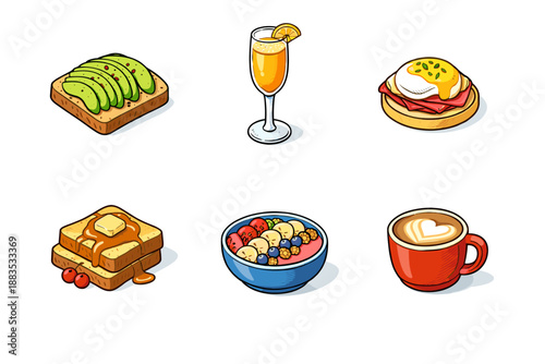 Delicious breakfast foods in colorful cartoon style