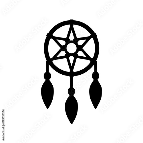 Silhouette of a dream catcher with star design and hanging feathers