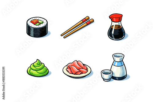 Japanese cuisine elements with sushi, chopsticks, soy sauce, wasabi, sashimi, and sake