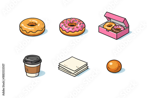 Cartoon style coffee and donut set with napkins and box