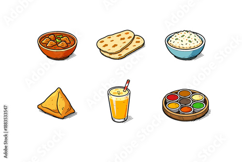 Delicious indian cuisine elements featuring popular dishes and beverages in a colorful cartoon style