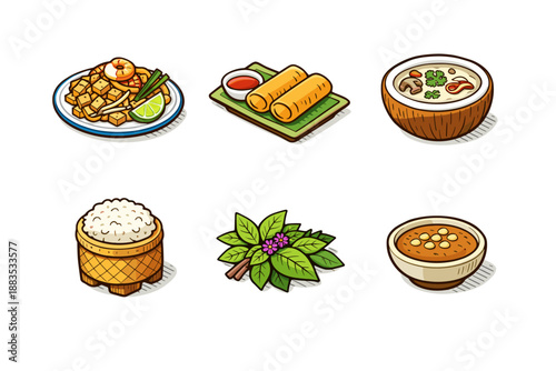 Colorful thai cuisine icons: pad thai, spring rolls, curry, sticky rice, herbs, soup