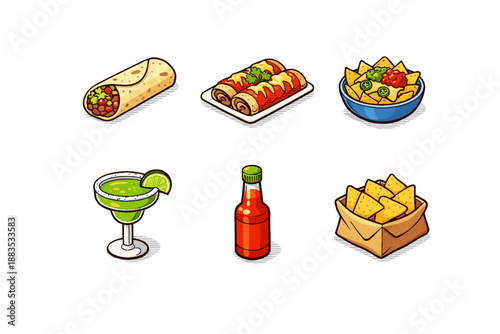 Mexican cuisine collection: tacos, nachos, and margaritas in charming cartoon style