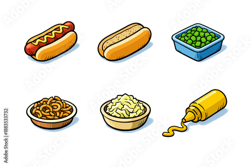 Colorful hot dog and snack icons: cartoon style fast food illustrations