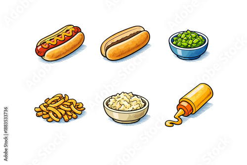 Cartoon hot dog ingredients with mustard, relish, and potato sides