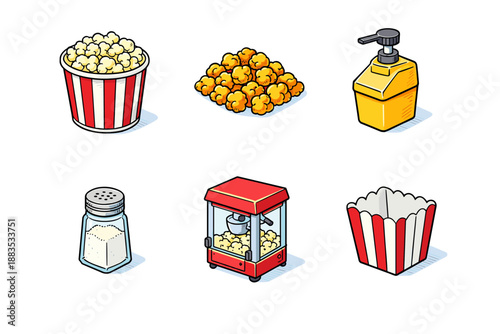 Popcorn snack set: cartoon cinema essentials, popcorn, machine, bucket, butter, comics style