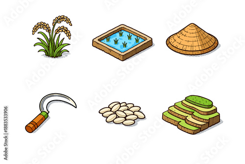 Rice farming elements: fields, tools, and harvest in hand-drawn style