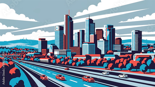 Vector illustration of Stuttgart cityscape showing a modern German urban skyline with generic buildings, hills in the distance, and clean road network in flat solid colors for travel and lifestyle use