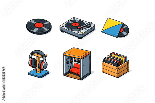Retro vinyl music collection with turntable and headphones in colorful cartoon style