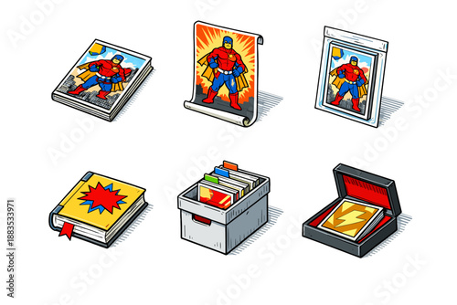 Comic book icons collection: superhero items and vintage covers in isometric style