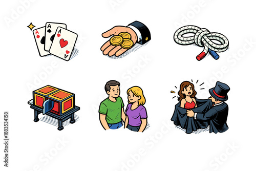 Magic tricks and elements: cards, coins, rope, illusions, audience engagement