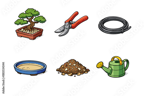 Bonsai gardening essentials: pruning tools and accessories illustration