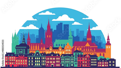 Vector illustration of Leipzig cityscape presenting a cultural German city with generic historic-inspired buildings, modern blocks, and active city squares in flat solid colors for lifestyle travel