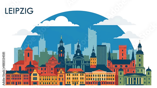 Vector illustration of Leipzig cityscape presenting a cultural German city with generic historic-inspired buildings, modern blocks, and active city squares in flat solid colors for lifestyle travel