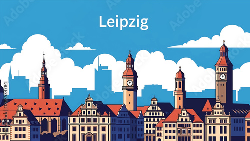 Vector illustration of Leipzig cityscape presenting a cultural German city with generic historic-inspired buildings, modern blocks, and active city squares in flat solid colors for lifestyle travel