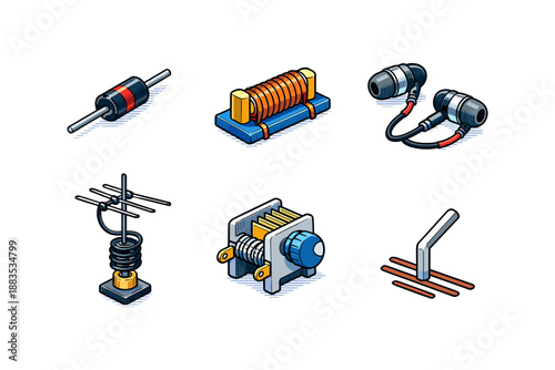 Isometric electronics components set: diode, coil, antenna, headphones, and amplifier knob