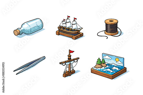 Nautical objects collection: ship, ocean diorama, and marine tools in isometric style