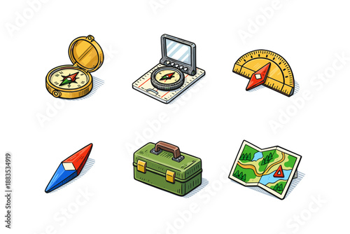 Vintage camping gear icons: compass, map, and more in flat design style