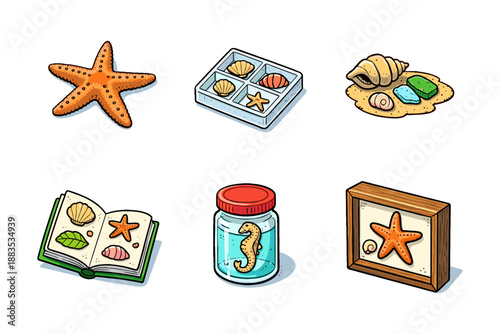 Seashell collectibles: diverse ocean treasures in cartoon style