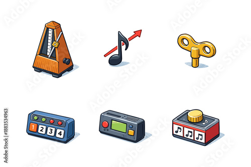 Musical instrument icons in isometric style featuring metronome and music note