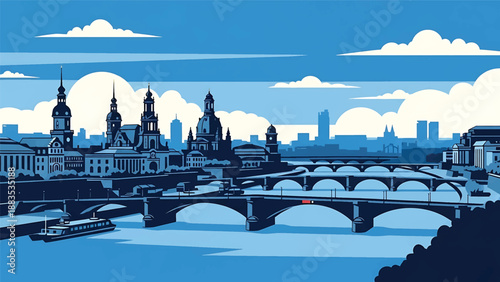 Vector illustration of Dresden cityscape showing a scenic German river city with generic classic architecture silhouettes, bridges, and old-town atmosphere in flat vector style for cultural travel 