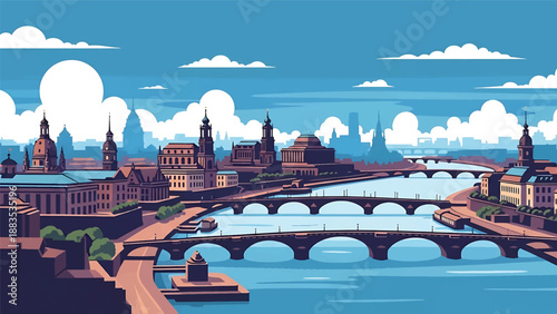Vector illustration of Dresden cityscape showing a scenic German river city with generic classic architecture silhouettes, bridges, and old-town atmosphere in flat vector style for cultural travel 