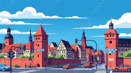 Vector illustration of Nuremberg cityscape featuring medieval-inspired generic rooftops, city walls shapes, and modern street life in flat solid colors for tourism and heritage design use