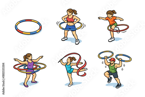 Colorful hula hooping: fun and fitness activities with dynamic characters