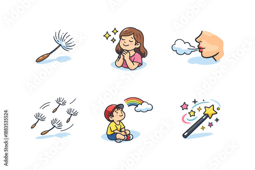 Whimsical cartoon elements: dreamy kids, magic wand, blowing dandelion, rainbow