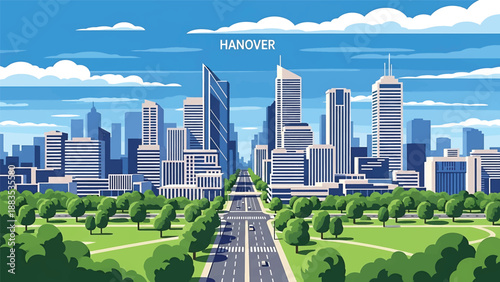 Vector illustration of Hanover cityscape presenting a clean planned German city with generic modern buildings, green parks, and wide streets in flat vector style for urban and travel themes