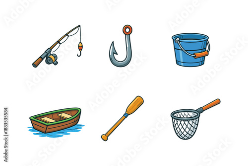 Fishing gear collection: rods, hooks, boats, and nets in a modern cartoon style