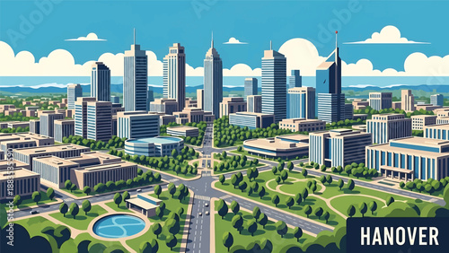 Vector illustration of Hanover cityscape presenting a clean planned German city with generic modern buildings, green parks, and wide streets in flat vector style for urban and travel themes