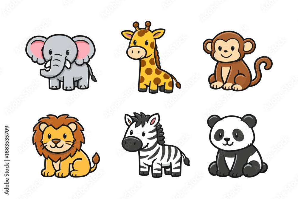 Fototapeta premium Cute cartoon safari and jungle animals collection for kids design projects