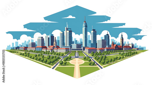 Vector illustration of Hanover cityscape presenting a clean planned German city with generic modern buildings, green parks, and wide streets in flat vector style for urban and travel themes
