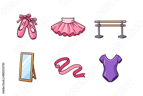 Charming ballet items with pointe shoes and tutu in hand-drawn style