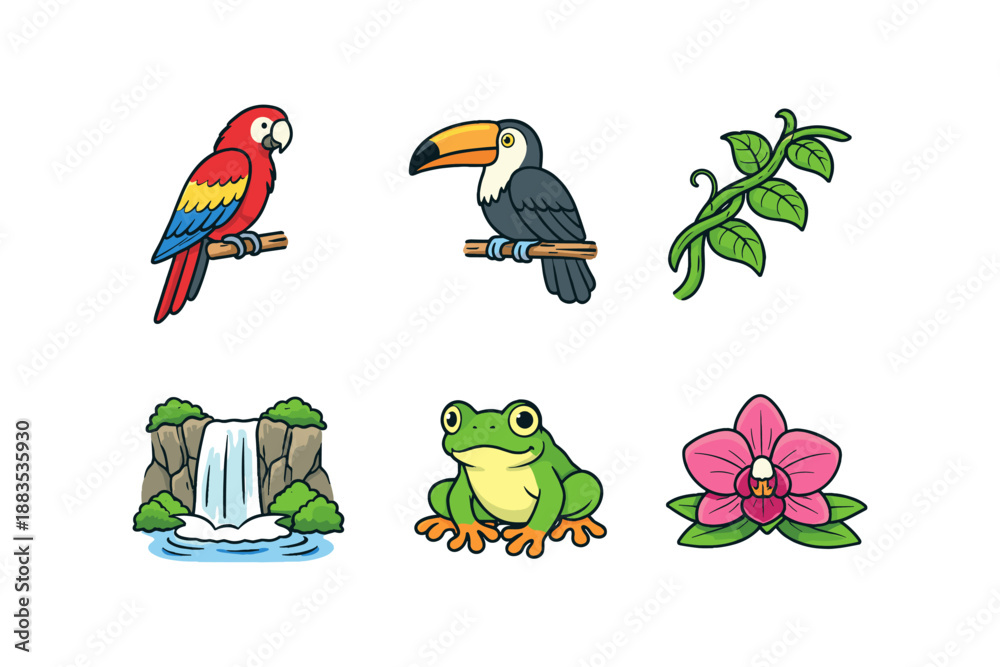 Fototapeta premium Colorful amazon wildlife and nature set: exotic birds, plants, and animals