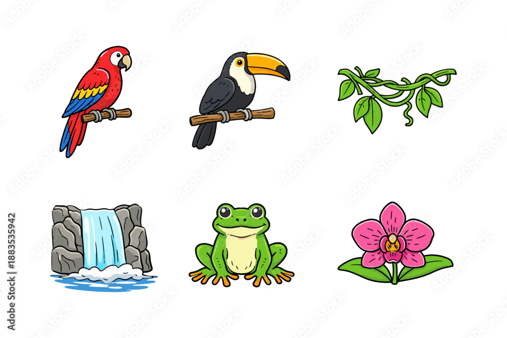 Fototapeta premium Tropical wildlife icons: parrot, toucan, vine, waterfall, frog, orchid