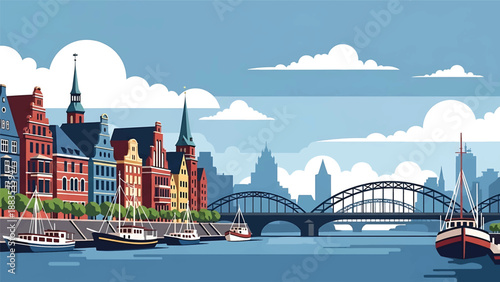 Vector illustration of Bremen cityscape showing a riverside German city with generic historic-inspired buildings, bridges, and harbor atmosphere in flat solid colors for cultural and travel visuals