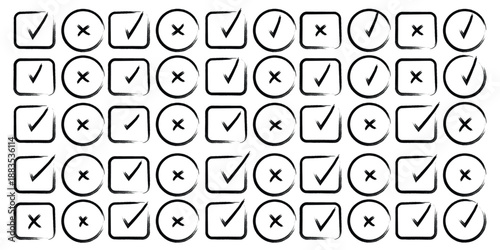 Grunge vector checkmark and cross. Grunge green check mark and red cross mark icon set. brush correct or incorrect sign with circle