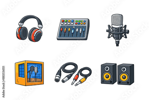 Audio equipment icons set: headphones, mixer, microphone, recording studio, cables, speakers