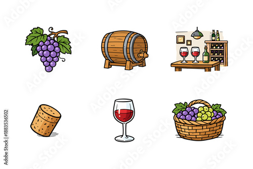 Wine icons collection: grapes, barrel, glass, cork, and table setup in hand-drawn style