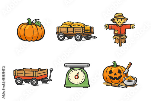 Autumn harvest elements with pumpkins and scarecrows in colorful cartoon style