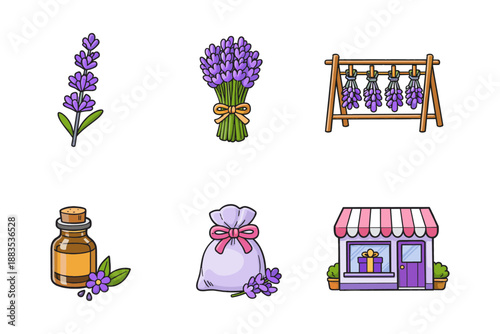 Lavender elements collection: bottles, flowers, and gift shop in cartoon style