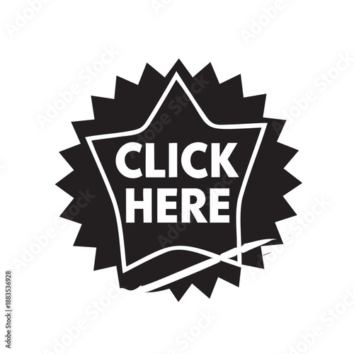 Hand drawn click here button with jagged starburst shape design