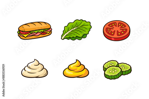 Colorful food icons featuring sandwich ingredients in cartoon style