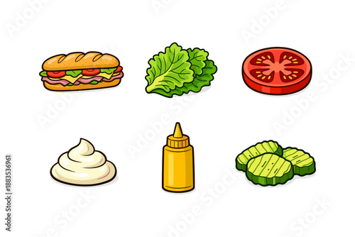 Colorful cartoon style ingredients for sandwiches and burgers